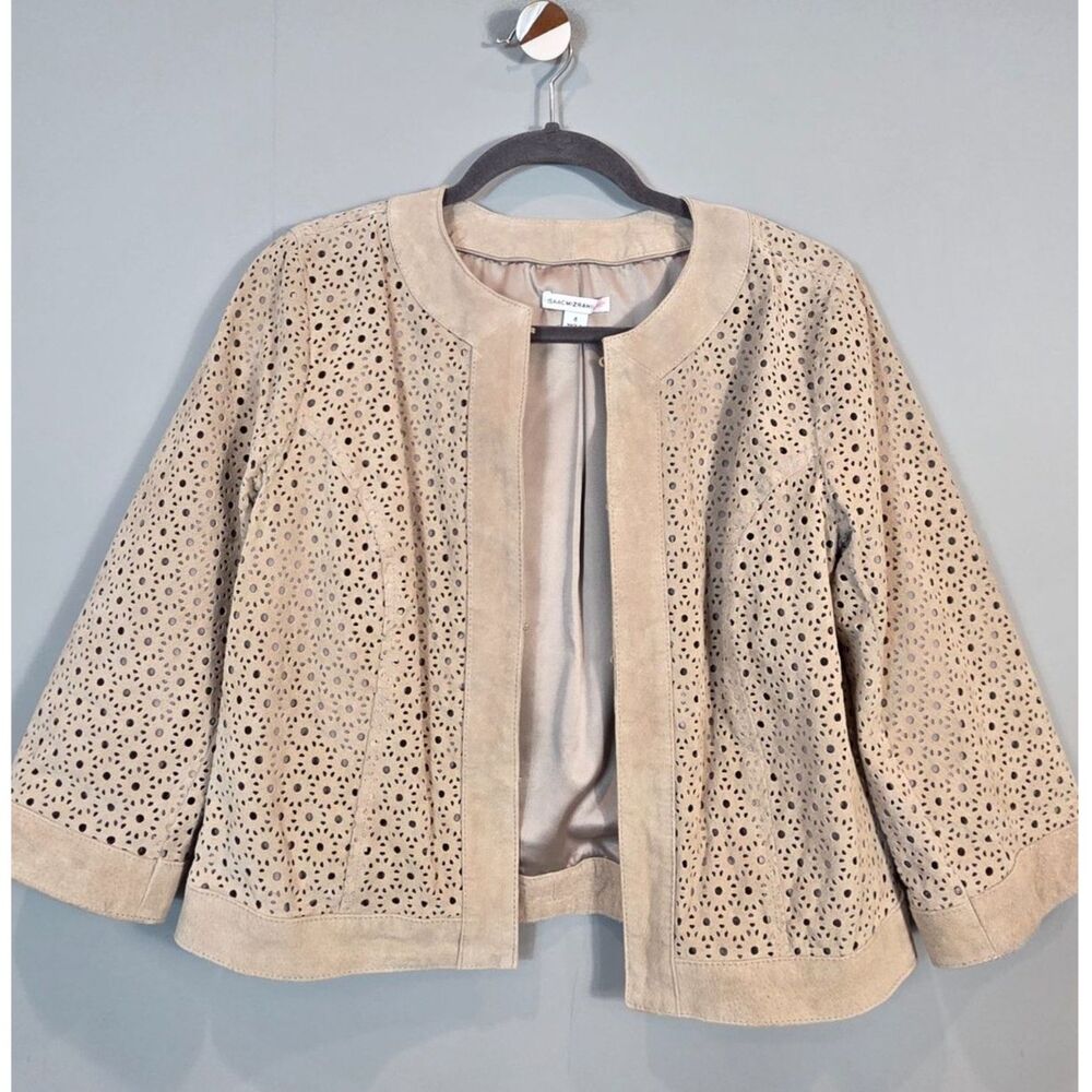 Isaac Mizrahi Perforated Laser-Cut 100% Suede Leather Jacket Tan Taupe Sz SM/4